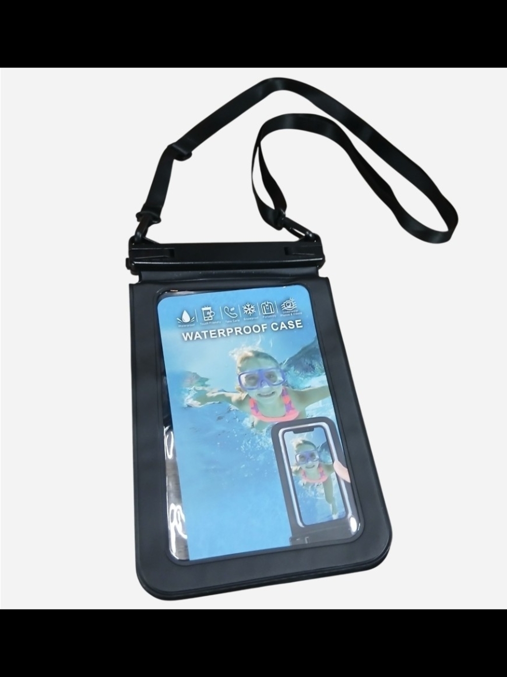 Large Double Black Waterproof Phone Pouch with Neck Strap